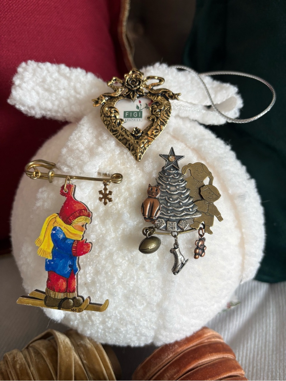FIGI Heart Pendant and Holiday Pin Lot - Gold, White, Red, Blue on Ball Ornament